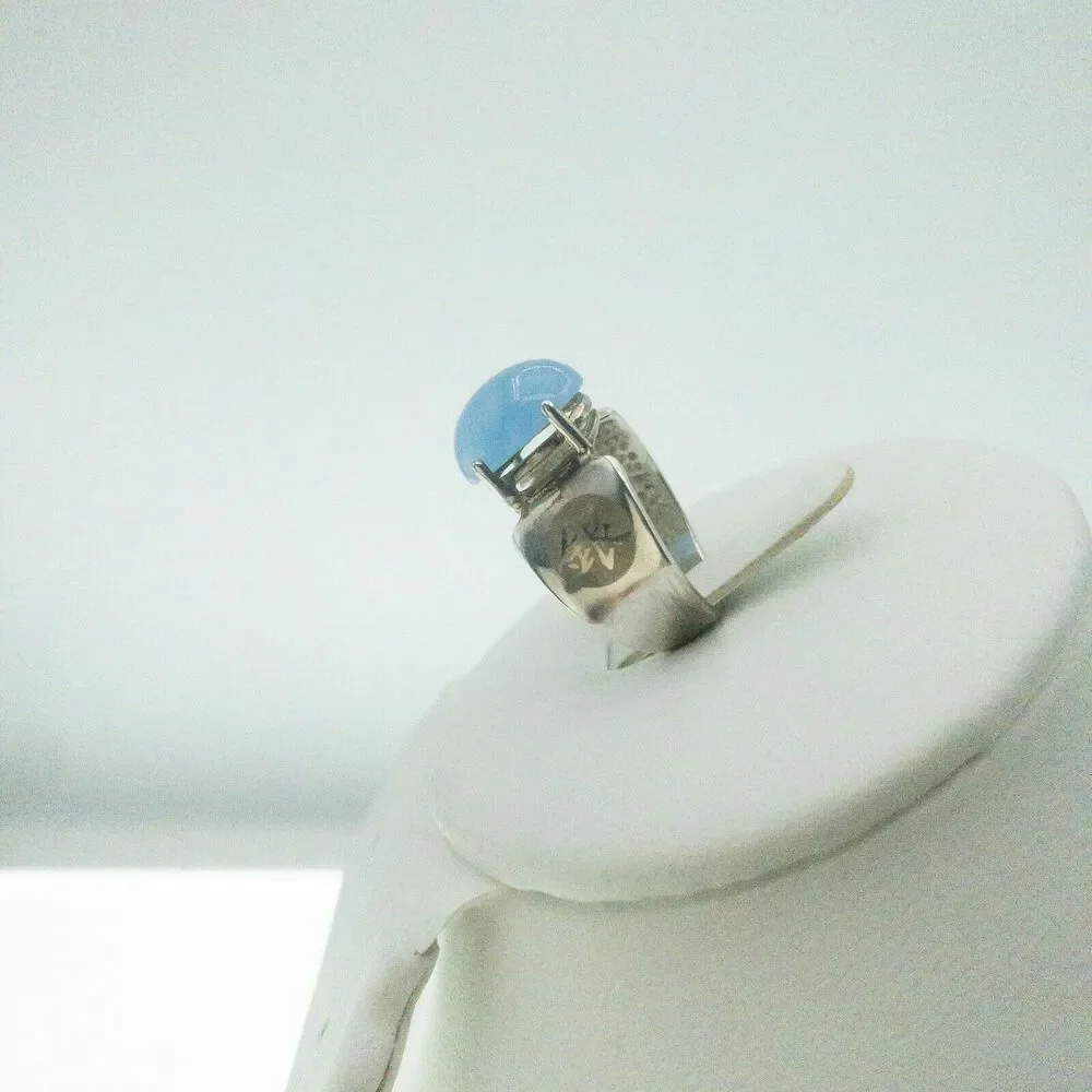 Sterling Silver 925 Blue Jade Cabochon Ring Size 7 Chinese Symbols